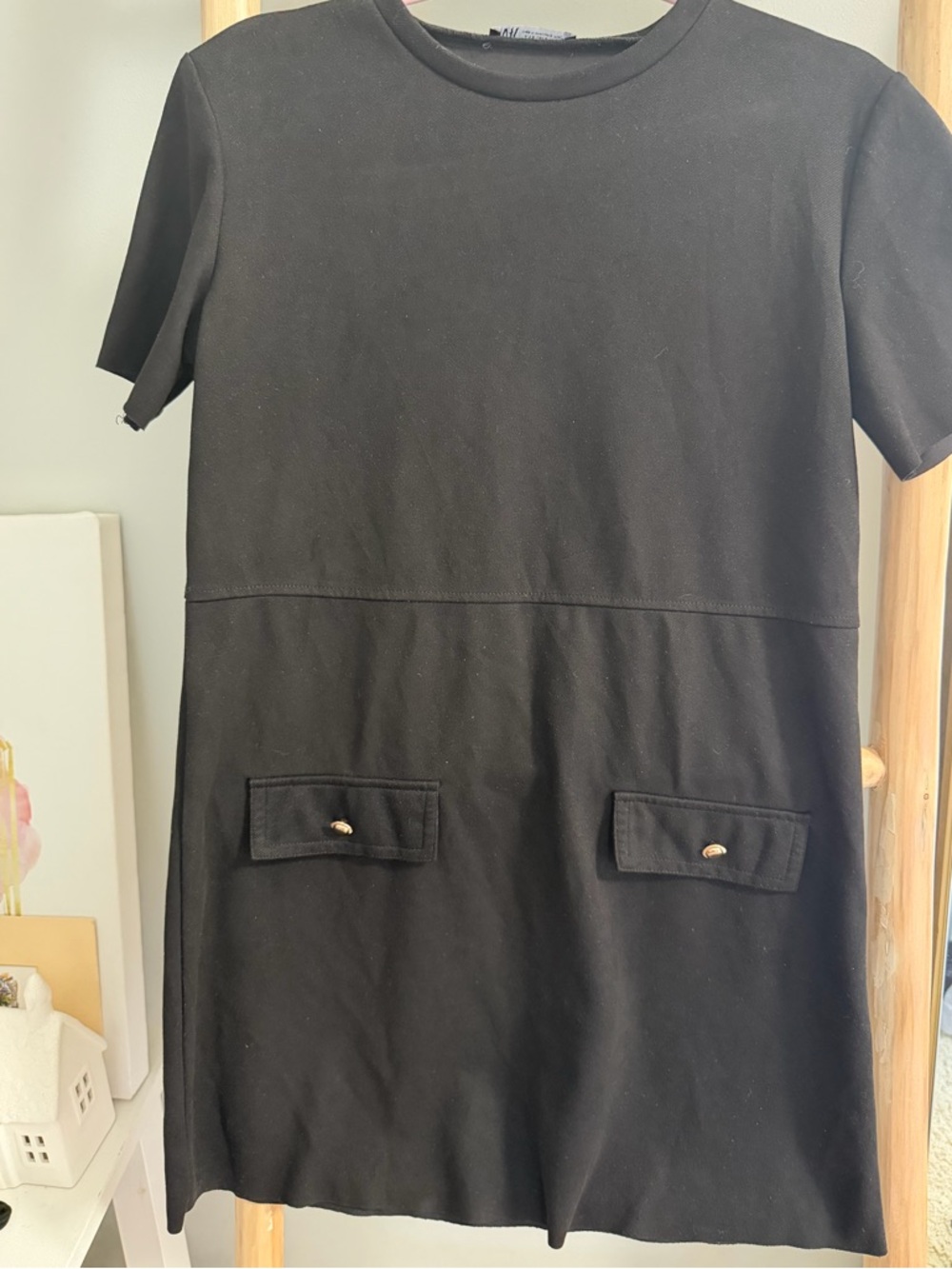 Zara Black Crew Neck Top with Tag Detail